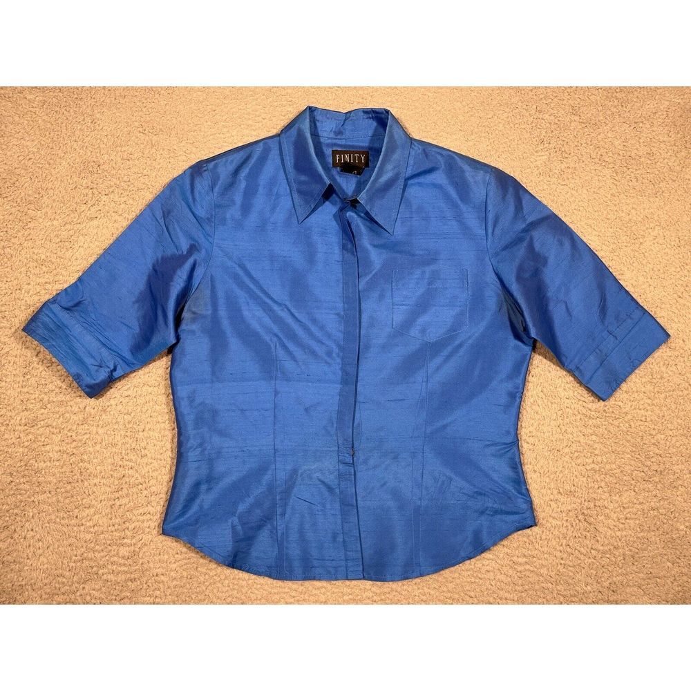Vintage Finity Blouse 100% Silk Blue Button Up Short Sleeve Collared Size 10‎